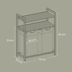 Cesto para roupa suja com 2 compartimentos com 2 prateleiras, saco removível e extraível 73 x 33 x 92 cm Branco