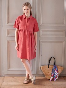 Vestido bordado estilo camisa, em gaze de algodão, especial gravidez e amamentação tomate