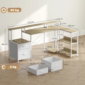 Secretária de canto 172 C x 100 P x 89 A cm com tomadas e luzes LED RGB, secretária para computador, suporte para ecrã, 2 gavetas tecido, branca e beg