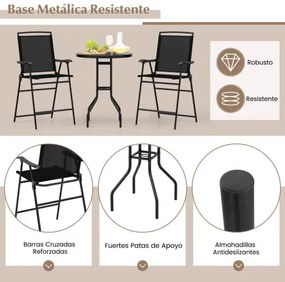 Conjunto de móveis jardim 3 peças 2 bancos de bar dobráveis com guarda-sol, mesa de orifício e escabelo para pátio exterior preto