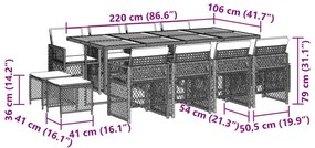 13 pcs conjunto jantar p/ jardim c/ almofadões vime PE cinzento