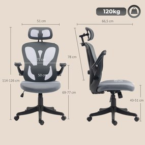 Cadeira de escritório ergonómica com braços 3D e apoio para a cabeça ajustável, cadeira de escritório em malha, cinzenta