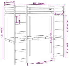 Cama alta com secretária 90x200 cm pinho maciço branco