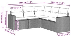 5 pcs conjunto sofás p/ jardim c/ almofadões vime PE castanho