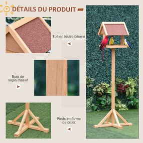 Comedouro para pássaros de exterior com suporte, teto resistente às intempéries, madeira maciça, 55 x 55 x 144 cm, madeira natural