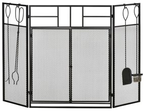 HOMCOM Frente para Lareira Dobrável Proteção para Lareira de 3 Painéis com Dupla Porta 4 Ferramentas e Gancho Estrutura de Metal 122x2x79cm Preto