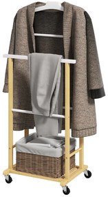 Cabide de Pé de Bambu com Rodas Cabide para Roupas com Barras para Calças e Prateleira Inferior para Sapatos Estilo Nórdico 47x33,7x105,5 cm Madeira e