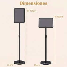 Conjunto de 2 Suportes de Chão para Cartazes A4, 21 x 30 x 81-131 cm, Altura Ajustável, Preto