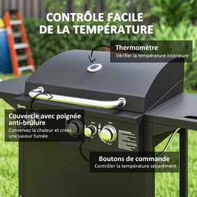 Grelhador a gás com 3+1 queimadores em aço, potência de 9,5 kW, churrasqueira de jardim com 2 grelhas e prateleiras laterais, 2 rodas, preta