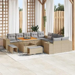 vidaXL Conjunto de Sofá de Jardim 13 Peças com Almofadas Bege em Rattan Sintético e Acácia.