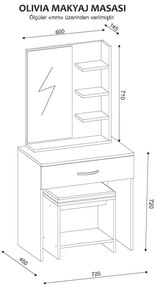 Toucador "Olivia" com Espelho e Banco – 72x45x143 cm – Branco e Noguei