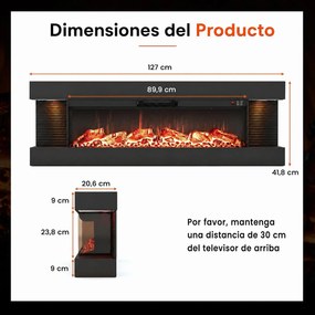 Lareira Elétrica de Parede com Vista de Três Lados, 127 x 20,6 x 41,8 cm, Controlo por Wi-Fi, Preto