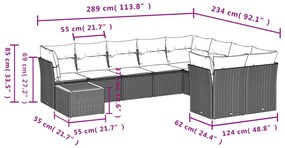 10 pcs conjunto sofás p/ jardim c/ almofadões vime PE cinzento