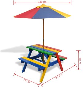 Mesa piquenique infantil + bancos/guarda-sol madeira multicor