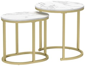 Conjunto de 2 Mesas de Centro Mesas Auxiliares Modernas com Bancada de Efeito Mármore e Estrutura de Aço para Sala Quarto Dourado