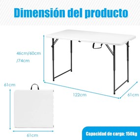 Mesa Dobrável Multi-Uso com 3 Alturas Ajustáveis Poupa Espaço para Campismo e Festas  122 x 61 x 46/60/74 cm Branco