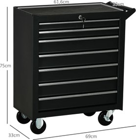 Carrinho de Ferramentas com 7 Gavetas Rodas Trava Armário de Armazenamento para Oficina de Garagem e Chapa de Aço 69x33x75 cm Preto