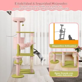 Arranhador para gatos de 148 cm com vários níveis com poleiro, rede, postes de rede e raspador de sisal Rosa e verde