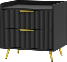 Mesa de cabeceira com 2 gavetas com ranhuras, pés em metal dourado, 50 x 40 x 50 cm, preta