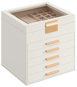 Caixa para jóias 6 níveis com tampa de vidro 20,3 x 23,1 x 22,8 cm Branco-dourado