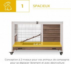 Gaiola para coelhos com rodas, 2 andares, porta com fechadura, teto abrível, tabuleiro deslizante e rampa, castanho e branco