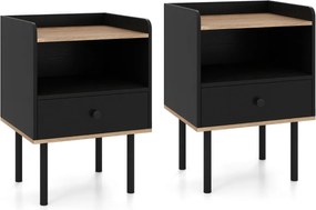 Conjunto de 2 mesas de cabeceira 40,5 x 35 x 56 cm com gaveta e prateleira aberta, pernas de metal, mesa auxiliar compacta para sala ou quarto, preta