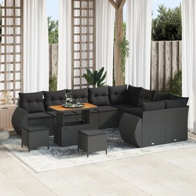 Conjunto de Sofá de Jardim de 12 Peças com Almofadas Preto Rattan Poli