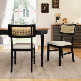 Conjunto de 2 cadeiras de jantar em rattan para cozinha, tecido acolchoado, pernas em madeira, encosto curvo, estilo rústico, preto e bege