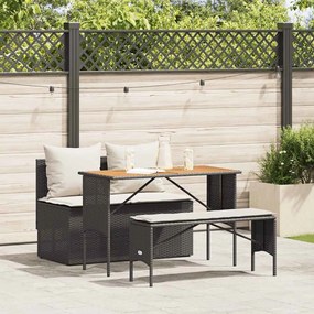 3 pcs conjunto de jantar p/ jardim c/ almofadões vime PE preto