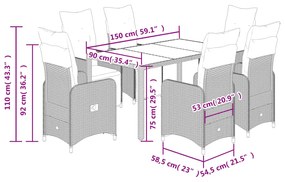 7 pcs conjunto bistrô de jardim c/ almofadões vime PE cinza