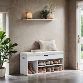 Banco sapateira com espaço de arrumação, estofado, com 3 compartimentos abertos 30 x 100 x 44 cm branco 