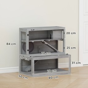 Gaiola de madeira para hamsters 80 x 50 x 84 cm, 3 níveis com casinha, roda, rampas, painel transparente, espaços separados, cinzenta