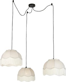 Candeeiro suspenso preto com abajur bege e interior branco 31,5cm 3-luzes - Cava