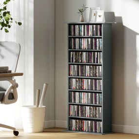 Organizador para CD e DVD com 8 compartimentos e 6 prateleiras ajustáveis, capacidade máxima de 360 CD/185 DVD e Blu-ray, cinzento