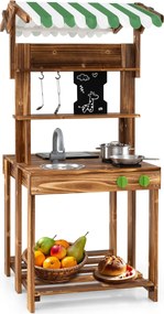 Cozinha de brincar de dupla face com churrasqueira de madeira com toldo, pia e torneira Fogão para brincar ao ar livre com acessórios Castanho