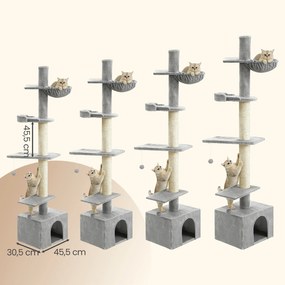 Arranhador para gatos, ajustável em altura, com vários níveis e caverna 70 x 30 x 252 cm cinzento claro