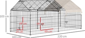 Gaiola para animais de estimação, estrutura em metal galvanizado, inclui 4 estacas de fixação ao solo, 220 x 103 x 103 cm, preto e bege