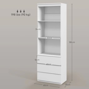 Estante com 180 cm de altura, com 3 prateleiras e 3 gavetas, 60 x 35 x 180 cm, em madeira branca