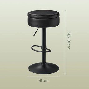 Banco de bar giratório em 360°, 41 x 41 x (61,5-81) cm com altura ajustável, com espaço de arrumação preto