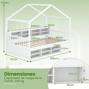 Cama Casa de crianças 201 x 126 x 170 cm de madeira plataforma com 14 cubos de arrumação branco