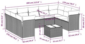 10 pcs conjunto sofás de jardim c/ almofadões vime PE preto