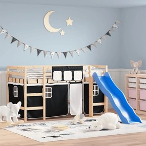 vidaXL Cama alta criança c/ cortina 80x200cm pinho maciço branco/preto