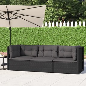 3 pcs conjunto lounge de jardim c/ almofadões vime PE preto