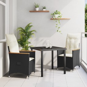 vidaXL Conjunto de Jantar de Jardim 3 Peças com Almofadas Preto Vime Polímero