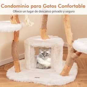 Arranhador de madeira maciça para gatos 168 CM com poleiro Caverna e Postes de arranhar 6 camadas Bola suspensa branca