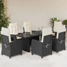 7 pcs conjunto de jantar p/ jardim c/ almofadões vime PE preto