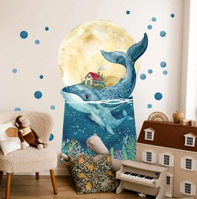 Autocolante de parede em aguarela para quarto de criança - Baleia e lua
