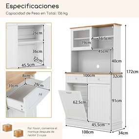 Armário cozinha 100 x 34 x 172 cm com porta para lixo com tampo de madeira emborrachado branco