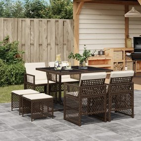 9 pcs conjunto jantar p/ jardim c/ almofadões vime PE castanho