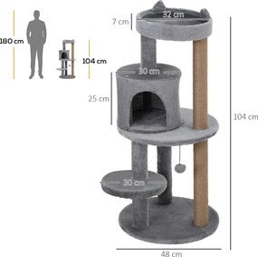 Arranhador para gatos Ø 48 x 104 A cm com vários acessórios: arranhadores, plataformas, compartimentos abertos e bola suspensa cinzento